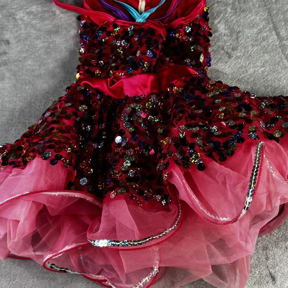 Weissman Dance Costume Girls XS Pink Sequin Tutu Dress Rainbow Straps Headpiece‎